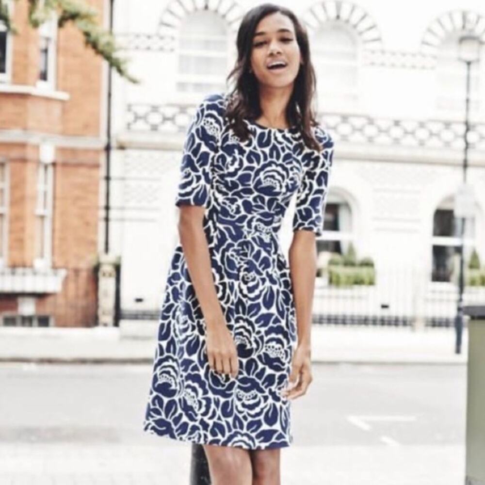 Boden Navy and White Floral Long Sleeve Dress